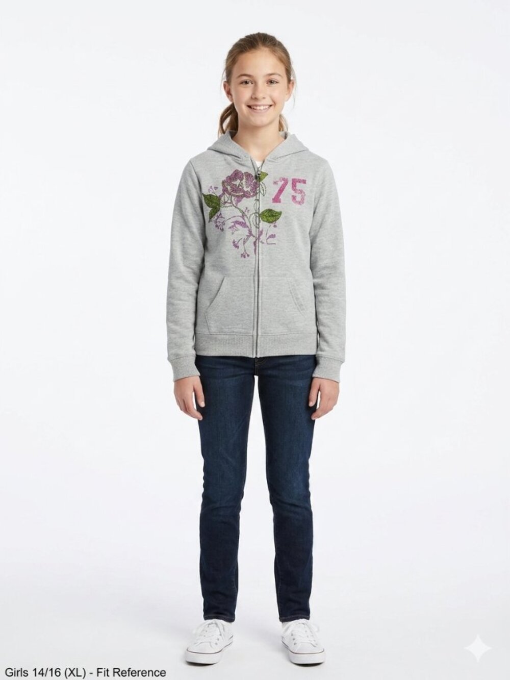 "EXTREMELY ME" Girl's Grey & Pink Sparkling Sequins Zip Hoodie  - Size 14-16